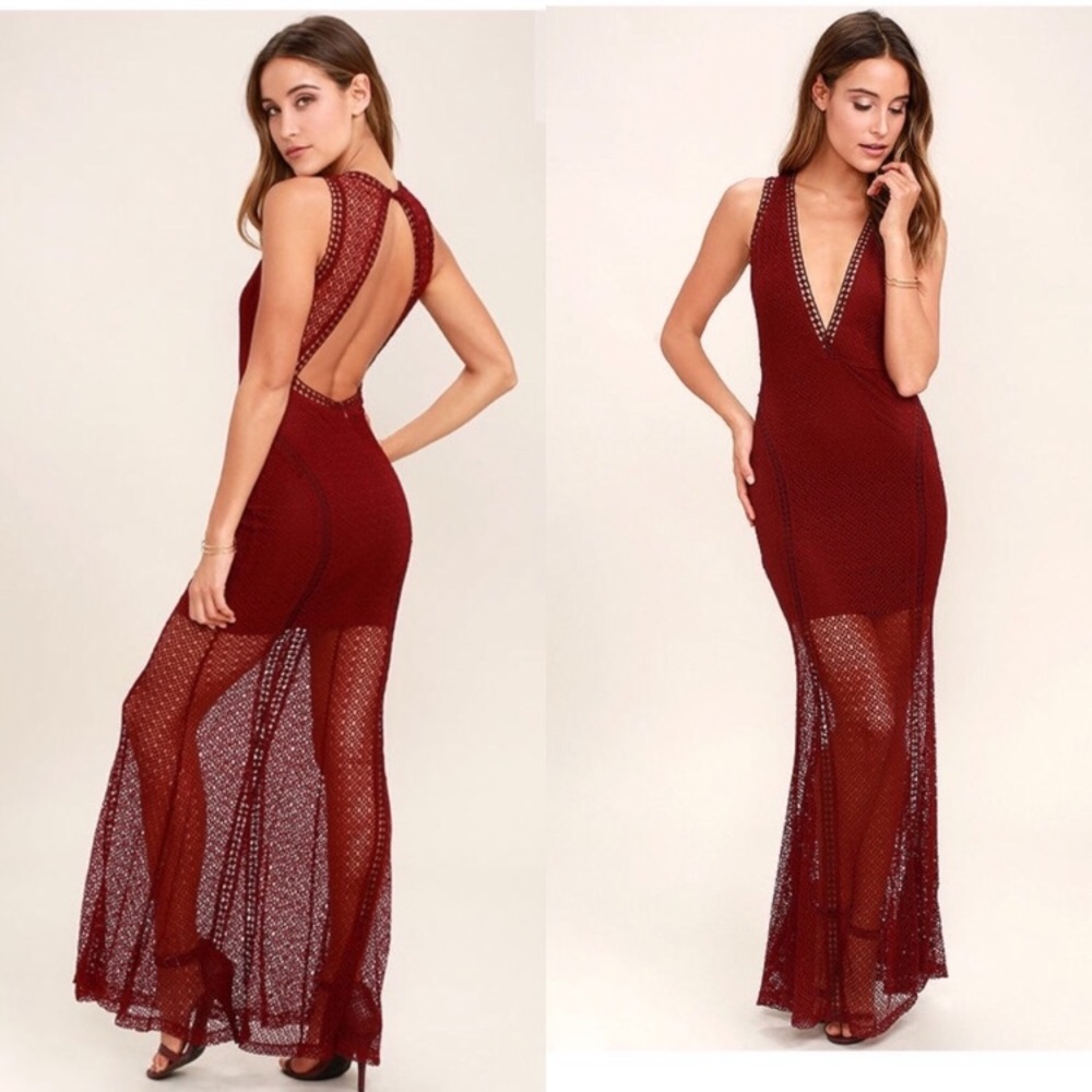 Lulu’s Burgundy Mesh Great Catch Halter Maxi Dress